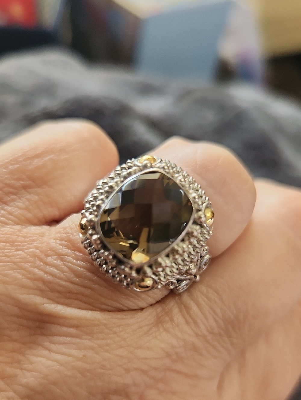 Vintage Suarti Bali Sterling Silver 925 Ring, 18k Gold, Smoky Quartz, Size 8